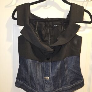 Denim Twill Off The Shoulder Faux Button Front Corset Top